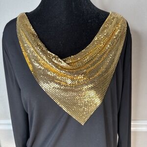 Michael Kor Top Tunic GOLD MESH METAL Cow Neck Large Black Old Money Luxury